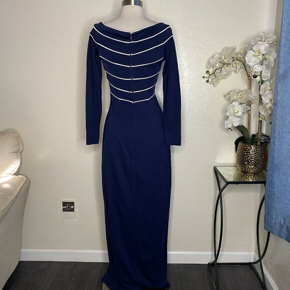 Vtg TADASHI Blue Formal Evening Long Sleeve Gown front slit S. - Picture 3 of 7